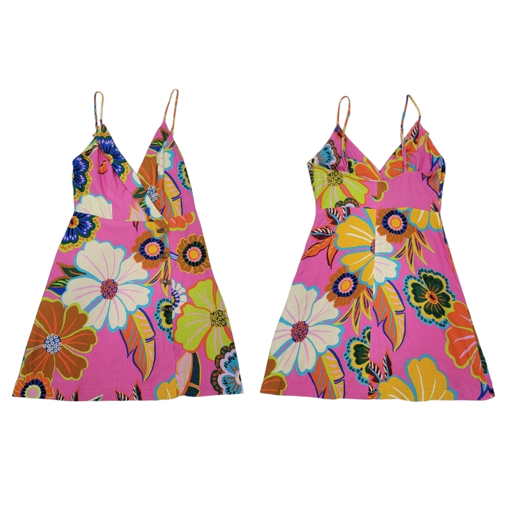 Farm Rio Garden Mini Dress Faux Wrap Pink Linen Blend Bright Neon Colorf… - Picture 3 of 17